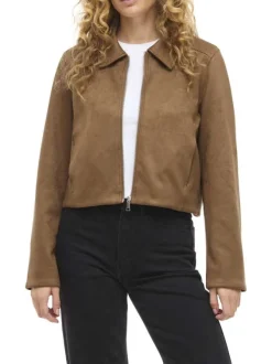 Blouson court camel uni avec une coupe droite et un col à revers
