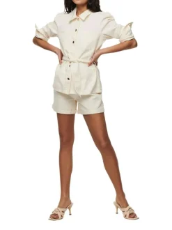 Blouson écru en coton col chemise manches longues plissées aux épaules