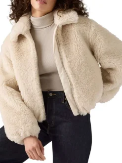 Blouson écru en maille sherpa à coupe coupe droite avec un col à rabats