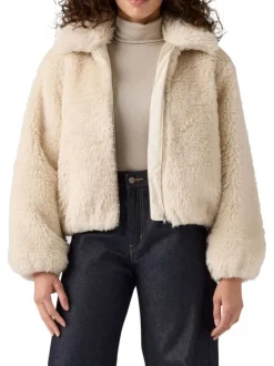 Blouson écru en maille sherpa à coupe coupe droite avec un col à rabats