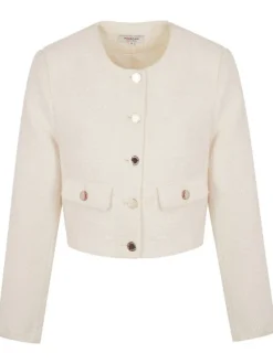 Blouson écru uni court avec une coupe droite, col rond et boutons dorés