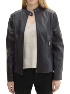 Blouson de motard noir uni avec une coupe droite et un col rond boutonné