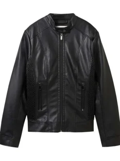 Blouson de motard noir uni avec une coupe droite et un col rond boutonné
