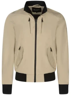 Blouson déperlant beige uni avec une coupe droite et un col montant