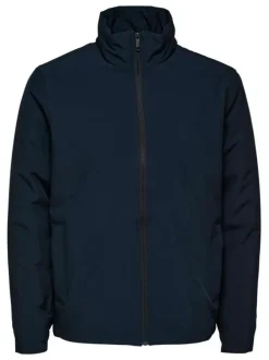 Blouson déperlant marine uni avec une coupe droite et un col montant