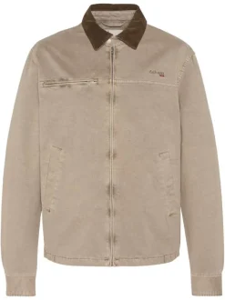 Blouson en coton beige à coupe droite pourvu d'un col à revers en velours