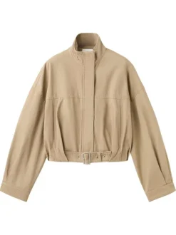 Blouson en coton beige uni pourvu d'une coupe droite et d'un col montant