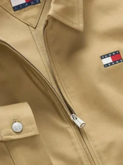Blouson en coton biologique beige uni à coupe droite, col à revers et zippé