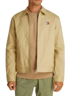 Blouson en coton biologique beige uni à coupe droite, col à revers et zippé