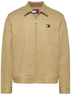 Blouson en coton biologique beige uni à coupe droite, col à revers et zippé