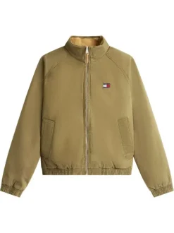 Blouson en coton biologique kaki uni avec une coupe droite et un col montant