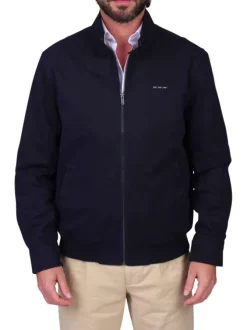 Blouson en coton biologique marine uni avec une coupe droite et un col montant