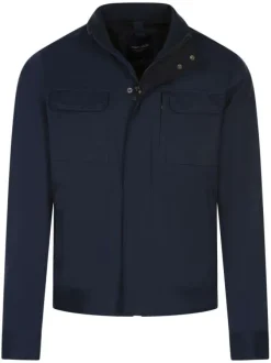Blouson en coton bleu uni avec une coupe droite et un col montant