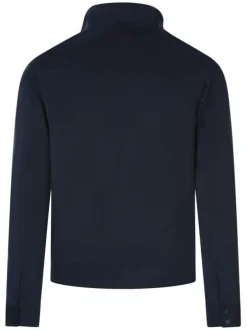 Blouson en coton bleu uni avec une coupe droite et un col montant