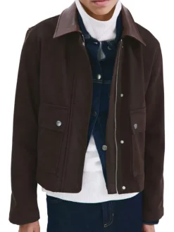 Blouson en coton chocolat uni pourvu d'un col chemise et d'une coupe droite