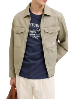 Blouson en coton kaki à coupe ajustée pourvu d'un col chemise