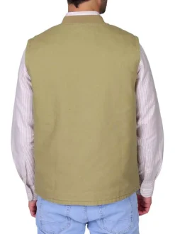 Blouson en coton kaki sans manche à coupe droite pourvu d'un col rond