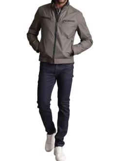 Blouson en coton kaki uni à col montant avec des poches zippées à la poitrine