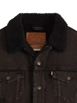 Blouson en coton noir délavé en jean avec une coupe droite et un col à revers