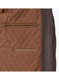 Blouson en cuir camel avec un col à capuche et une doudoune en nylon intégrée