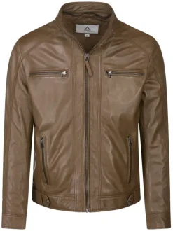 Blouson en cuir camel avec un col à capuche et une doudoune en nylon intégrée