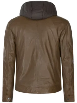 Blouson en cuir camel avec un col à capuche et une doudoune en nylon intégrée