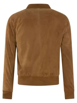 Blouson en cuir de chèvre camel uni à coupe droite avec col bomber et 2 poches