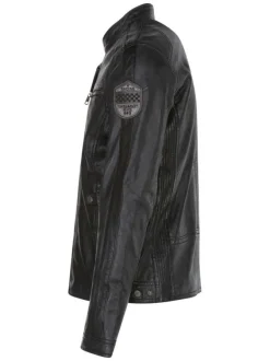 Blouson en cuir de mouton anthracite uni avec une coupe ajustée et un col rond