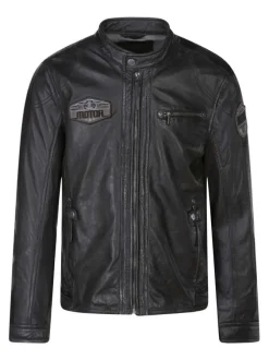 Blouson en cuir de mouton anthracite uni avec une coupe ajustée et un col rond