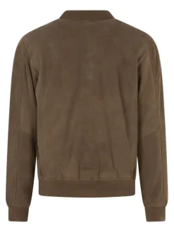 Blouson en cuir de mouton beige uni avec une coupe droite et un col rond