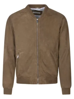 Blouson en cuir de mouton beige uni avec une coupe droite et un col rond
