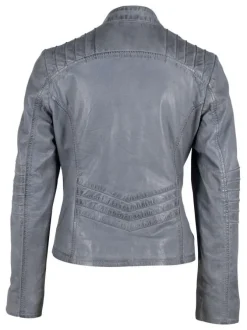 Blouson en cuir de mouton bleu uni avec une coupe cintrée et un col montant