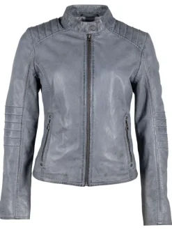 Blouson en cuir de mouton bleu uni avec une coupe cintrée et un col montant