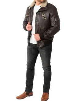 Blouson en cuir de mouton brun uni avec une coupe droite et un col à revers