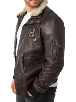 Blouson en cuir de mouton brun uni avec une coupe droite et un col à revers