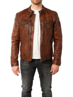 Blouson en cuir de mouton camel avec patchs à coupe droite et à col rond