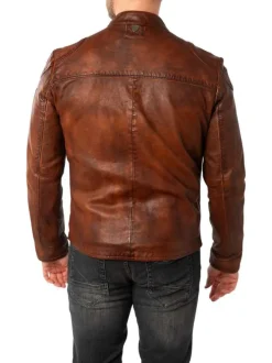 Blouson en cuir de mouton camel avec patchs à coupe droite et à col rond