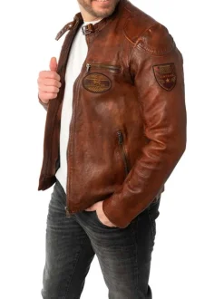 Blouson en cuir de mouton camel avec patchs à coupe droite et à col rond