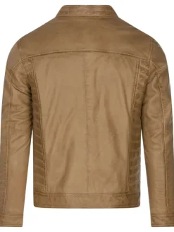 Blouson en cuir de mouton camel uni avec plusieurs poches zippées argentées