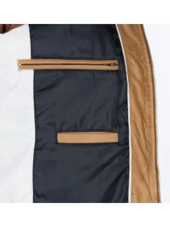 Blouson en cuir de mouton camel uni avec plusieurs poches zippées argentées