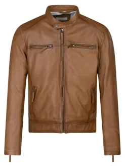 Blouson en cuir de mouton camel uni avec une coupe droite et un col rond
