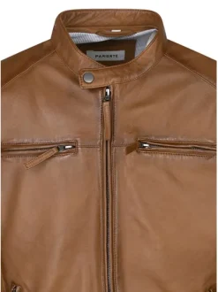 Blouson en cuir de mouton camel uni avec une coupe droite et un col rond