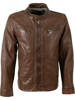 Blouson en cuir de mouton marron uni avec une coupe ajustée et un col montant