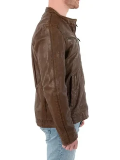 Blouson en cuir de mouton marron uni avec une coupe ajustée et un col montant