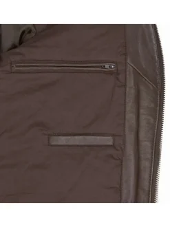 Blouson en cuir de mouton marron uni avec une coupe droite et un col montant