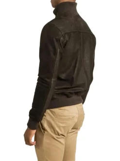 Blouson en cuir de mouton marron uni avec une coupe droite et un col montant