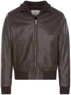 Blouson en cuir de mouton marron uni avec une coupe droite et un col montant