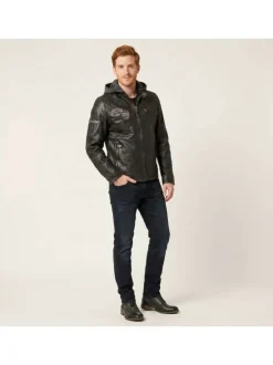 Blouson en cuir de mouton noire uni avec une coupe ajustée et un col à capuche
