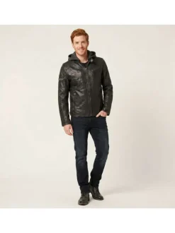Blouson en cuir de mouton noire uni avec une coupe ajustée et un col à capuche