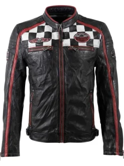 Blouson en cuir de mouton noir uni avec une coupe droite et un col rond